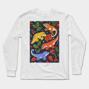 Colourful Christmas Geckos with Holly on Dark Blue Long Sleeve T-Shirt